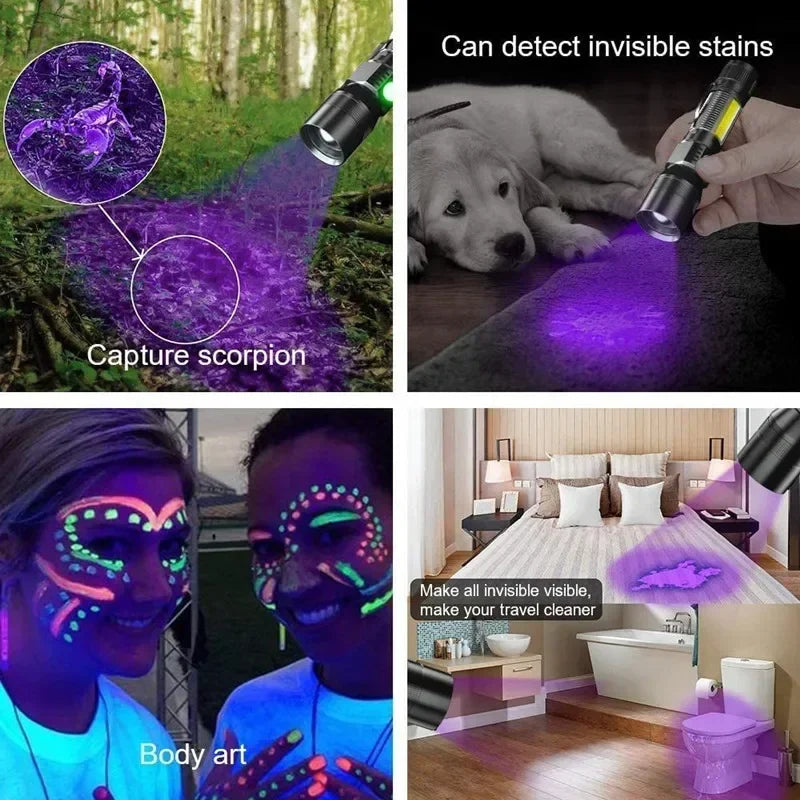 UV Light & Strong Light Flashlight USB Rechargeable Camping Lantern Pets Urine Stains Black Light Led Ultraviolet Torch Lamp