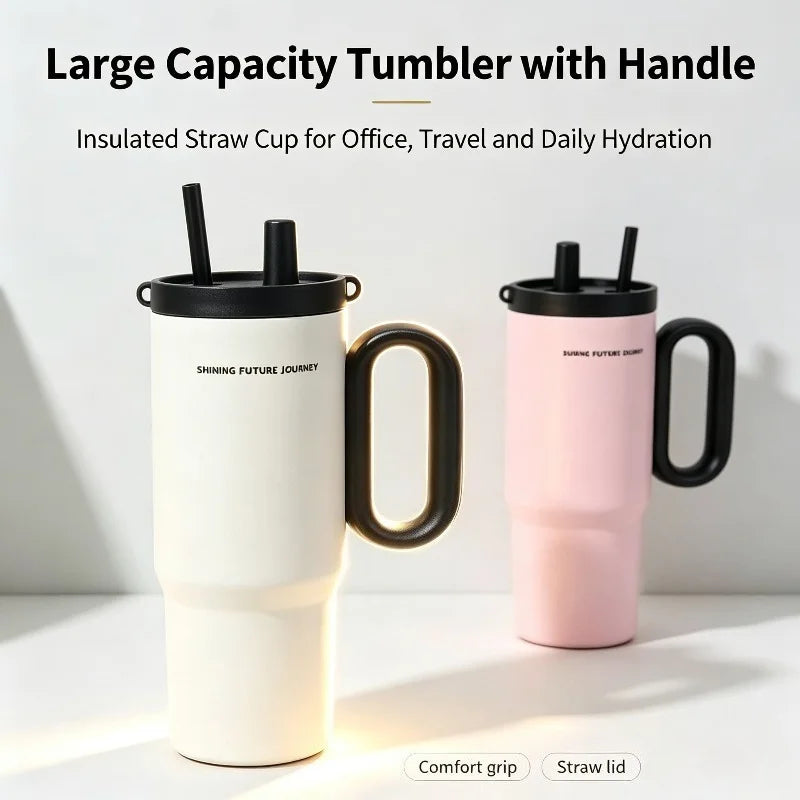 720ML Stainless Steel Thermos Cup with Straw & Handle Ice Coffee Drink Vacuum Insulated Cup Car Travel Outdoor Water Bottle