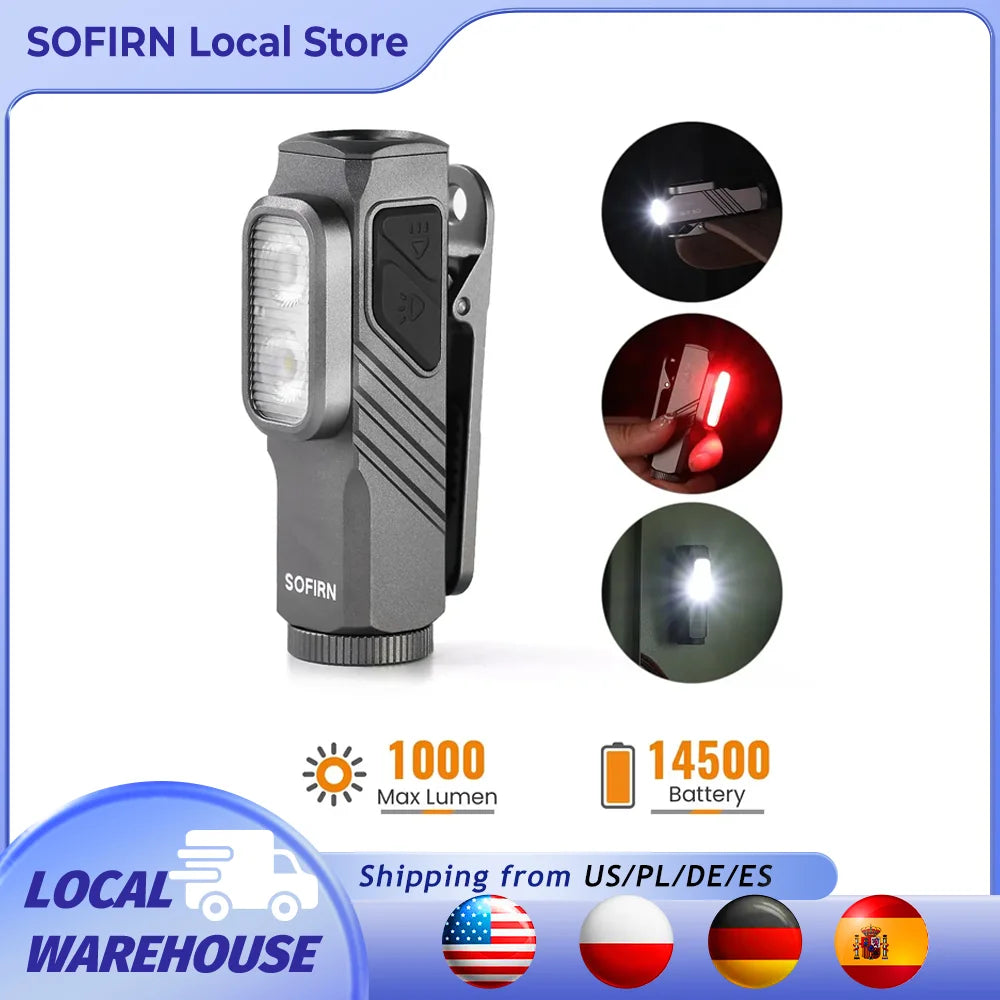 SOFIRN ST10 1000LM EDC Flashlight USB C 14500 Rechargeable with Red Light 660NM Magnetic Tail & Clip Dual Switch Torch