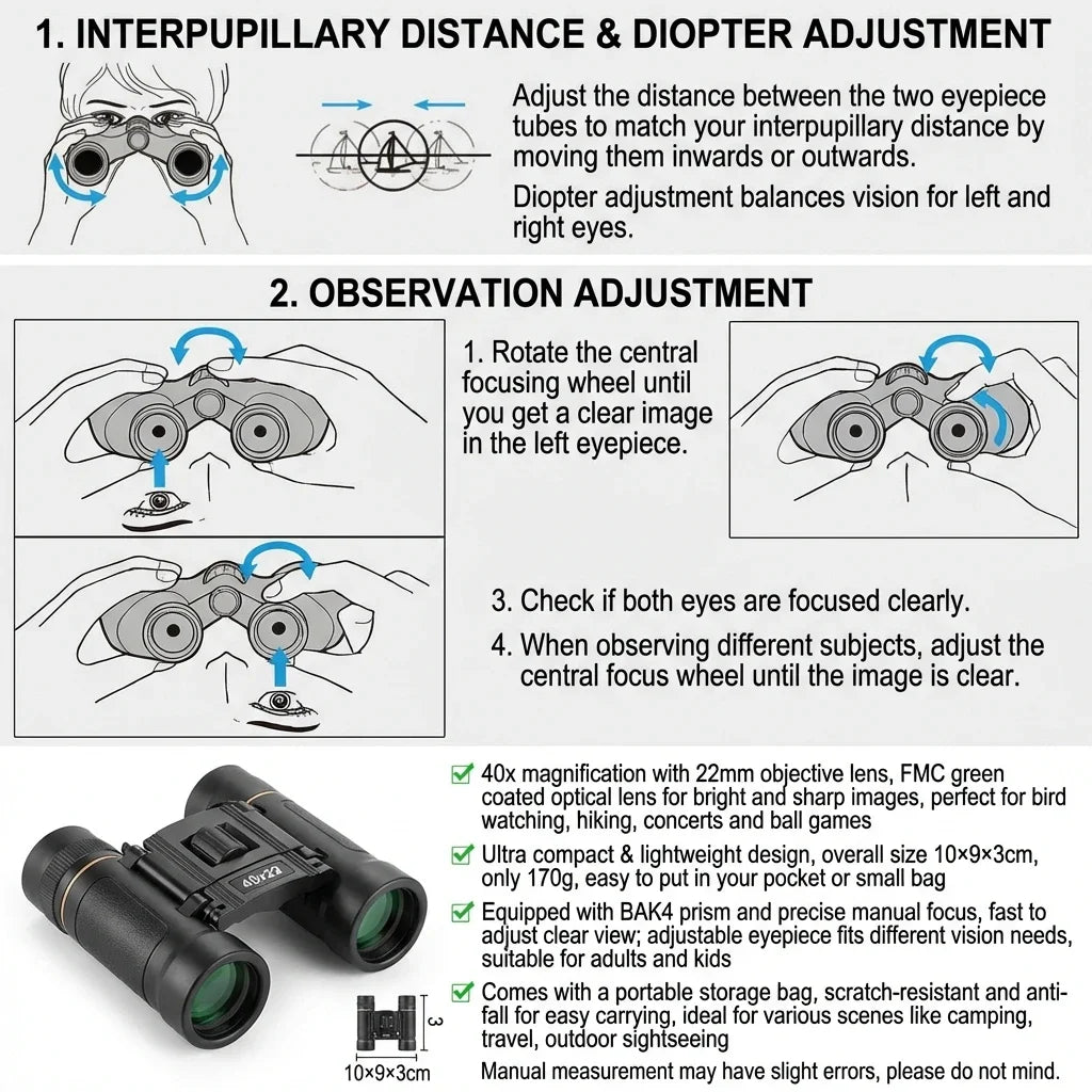 40x22 HD Binoculars with BAK4 FMC: 2000M Long Range Folding Mini Telescope, Ideal for Hunting, Sports, Camping & Travel