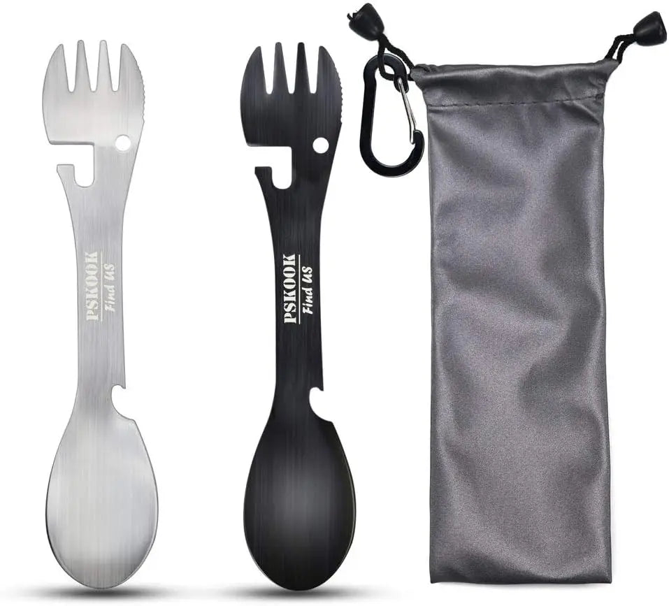 PSKOOK 5-in-1 Utility Tactical Spork, Stainless Steel Spoon & Bottle Opener, Fork & Knife, Can Opener Combo Camping Utensil