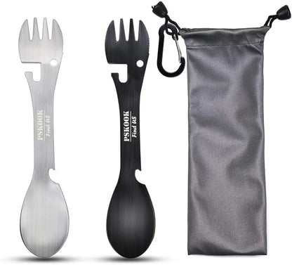 PSKOOK 5-in-1 Utility Tactical Spork, Stainless Steel Spoon & Bottle Opener, Fork & Knife, Can Opener Combo Camping Utensil
