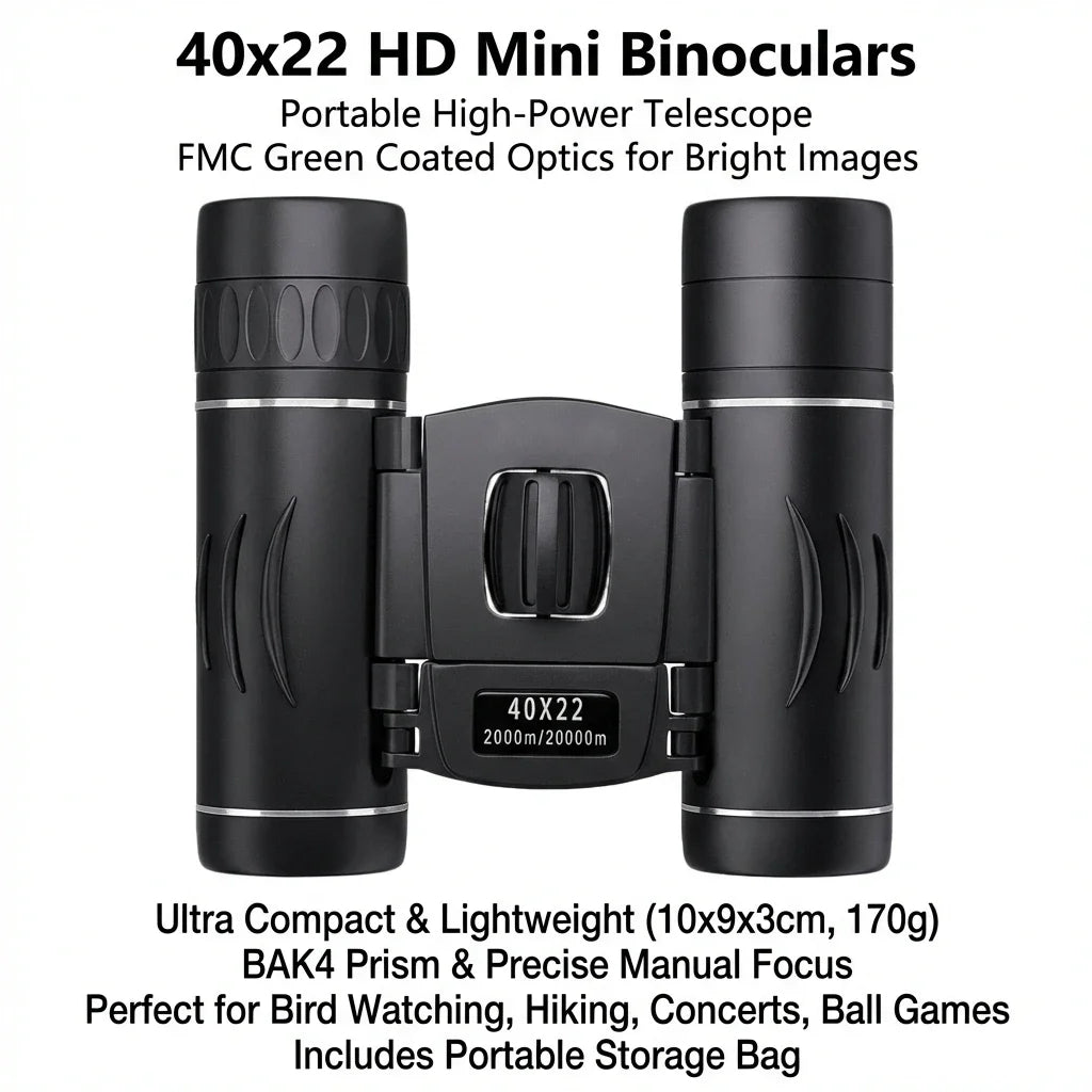 40x22 HD Binoculars with BAK4 FMC: 2000M Long Range Folding Mini Telescope, Ideal for Hunting, Sports, Camping & Travel