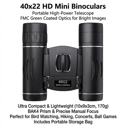 40x22 HD Binoculars with BAK4 FMC: 2000M Long Range Folding Mini Telescope, Ideal for Hunting, Sports, Camping & Travel