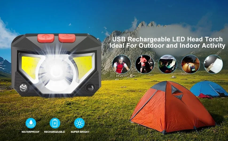 6 Modes Motion Sensor XPE+COB LED Headlamp Flashlight USB Rechargeable Waterproof Camping Head Lamp Running Fishing Headlight