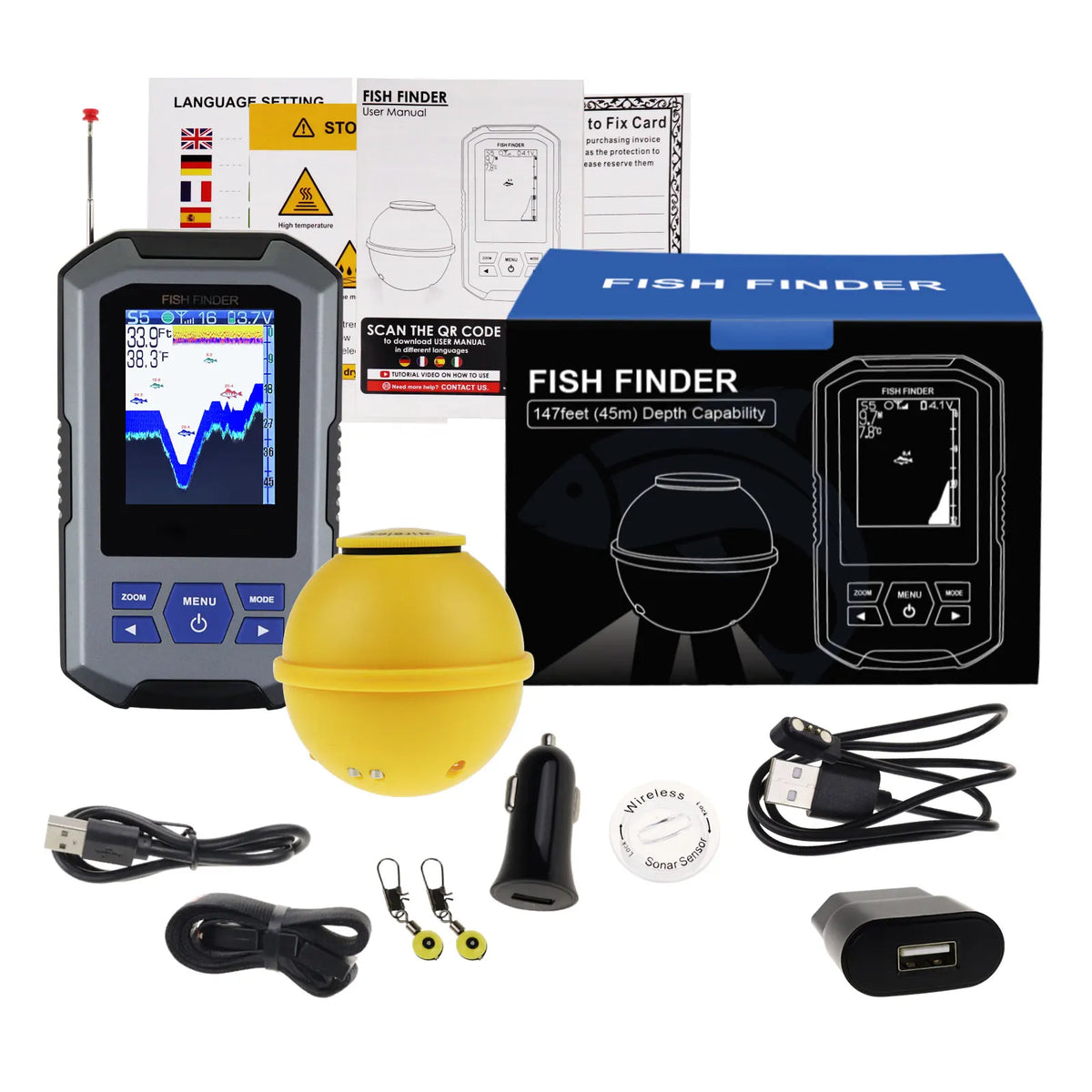 Wireless Sonar Fish Finder with Large LCD & Fish Alarm