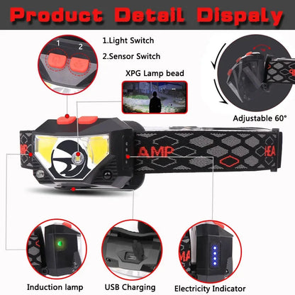 6 Modes Motion Sensor XPE+COB LED Headlamp Flashlight USB Rechargeable Waterproof Camping Head Lamp Running Fishing Headlight