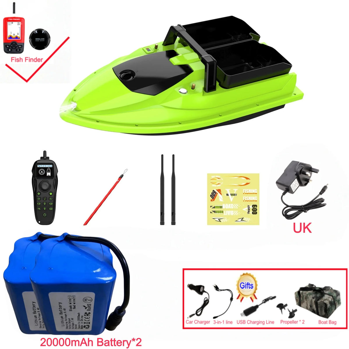 Sonar Bait Boat with Color Fish Finder Screen & Dual Hopper
