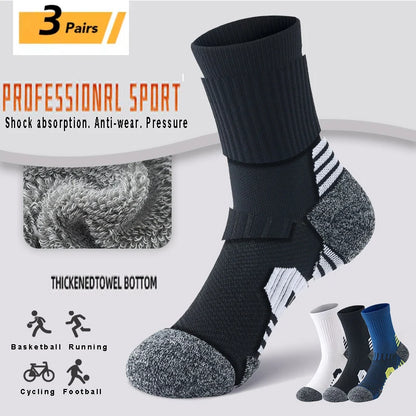 3 Pairs Men's Athetic Socks Sports Breathable Outdoor Running Compression Socks Traning Long Black White  BLUE Stretch Socks