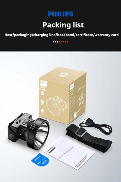 Philips LED Headlamp Sensor Head Flashlight of Lighting Type-C Rechargeable Headlight Outdoor Camping Fishing Lantern