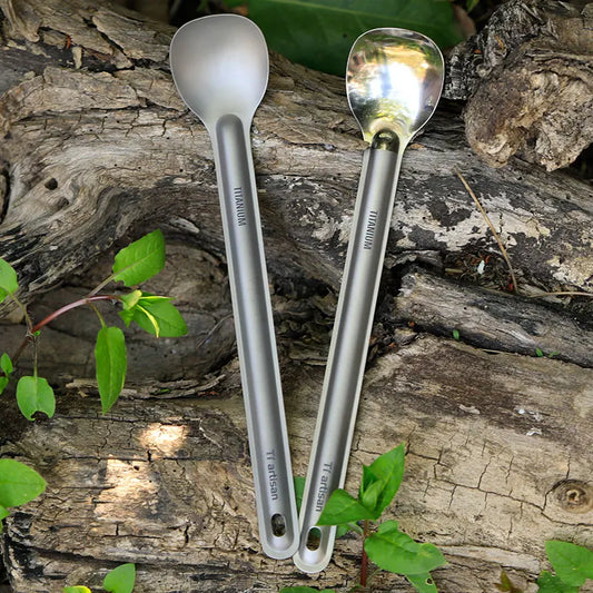 Tiartisan Pure Titanium Cutlery Ultralight Long Handle Spoon Spork Outdoor Camping Portable 2pcs Tableware Set With Storage Bag