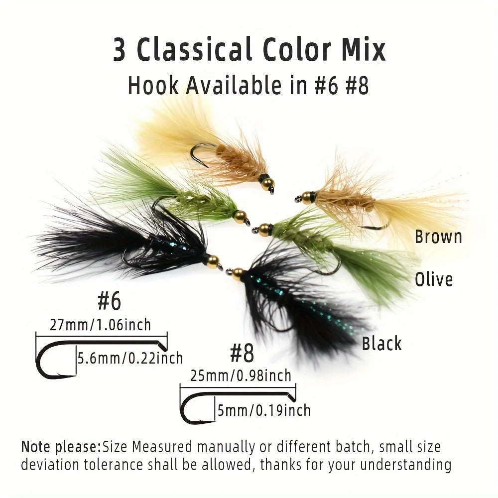 ICERIO Brass Beadhead Woolly Bugger Streamers (12 Pack)