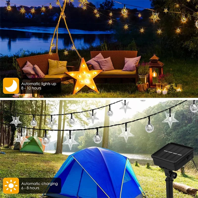 Solar LED String Lights Outdoor Camping Decor Crystal Ball and Stars String Lights 8 Modes Solar Lamp for Halloween Christmas