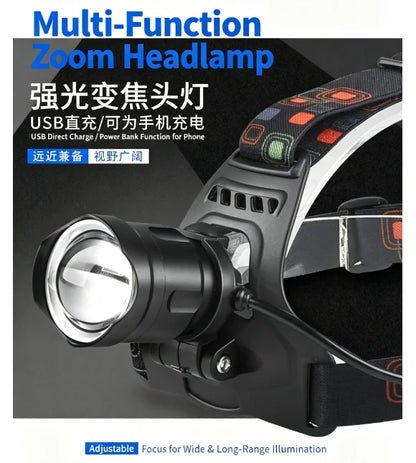 Zoomable LED Headlamp USB Rechargeable Super Bright Waterproof Head Torch High Power Outdoor Head Light for Camping Hiking Worki