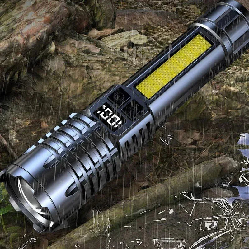 High Power LED Flashlights With Display Screen Zoom Tactical Torch Portable Rechargeable Lamp with Emergency Side Light Lantern