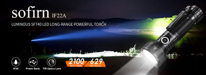 Sofirn IF22A 2100lm Flashlight 21700 Powerful Light SFT40 LED 680M Long Range USB C Rechargeable Charging  Throw Torch