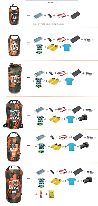 2/5/10/15/20/30L Outdoor Camouflage Waterproof Portable Rafting Diving Dry Bag Sack PVC Coated Swimming Bags for River Trekking