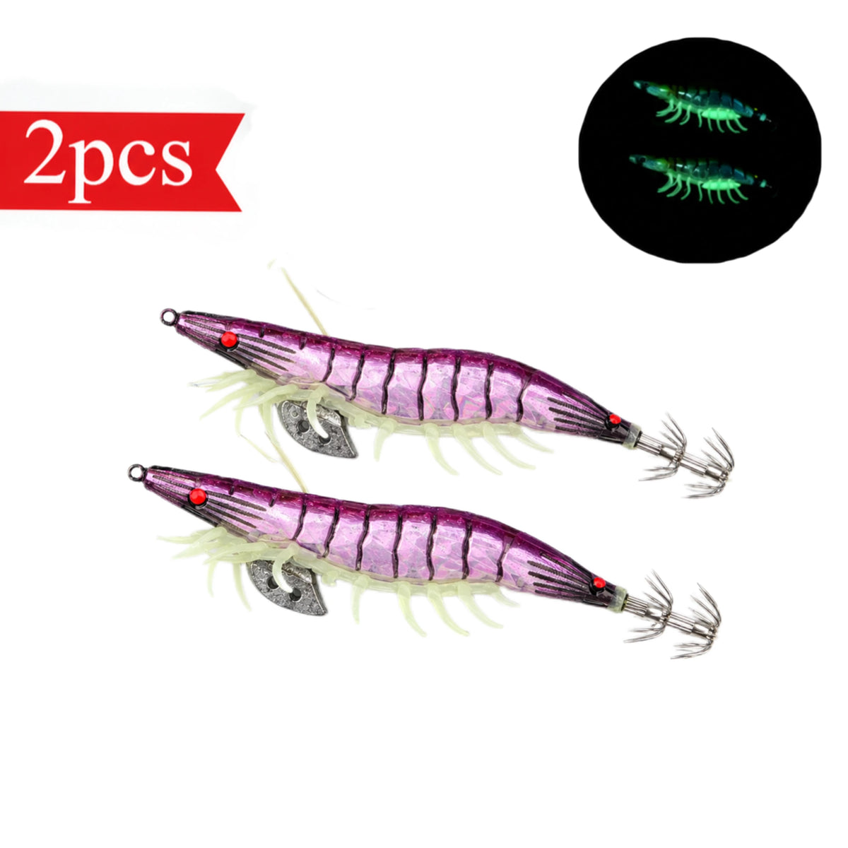2pcs/set Glow Squid Jigs Set 13cm Simulation Shrimp Fishing Lure 3.5# Wood Shrimp Jig Lure Saltwater Cuttlefish Octopus Tackle