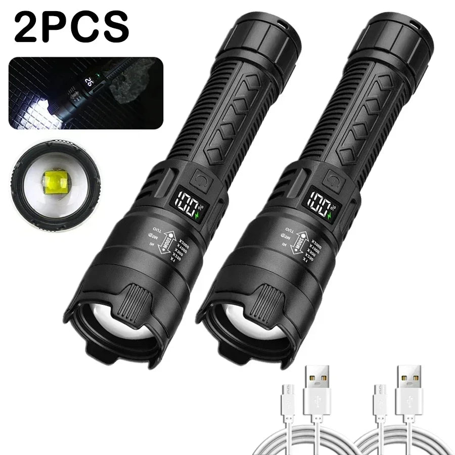High Strong Power Led Flashlights 300000LM Tactical Torch with Display Light USB Charging Camping Fishing Defensa Zoom Lantern