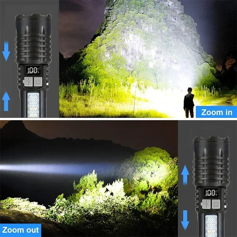 High Power LED Flashlights With Display Screen Zoom Tactical Torch Portable Rechargeable Lamp with Emergency Side Light Lantern