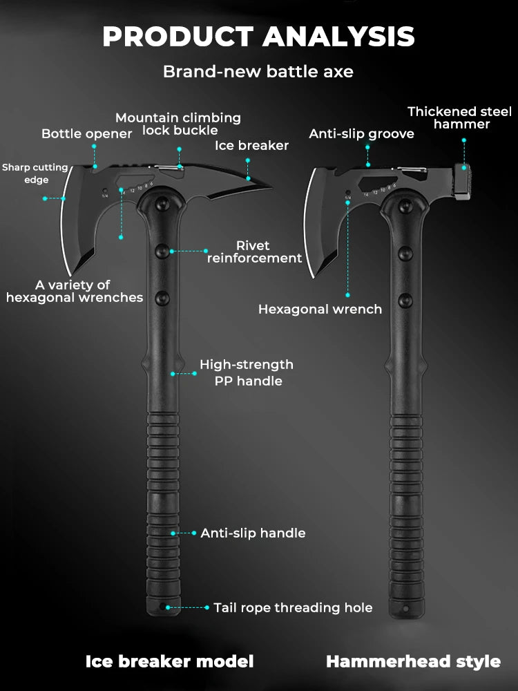 Multi-Purpose Tactical Camping Axe – Fire Engineer & Survival Logging Axe with Ice Breaking Cone
