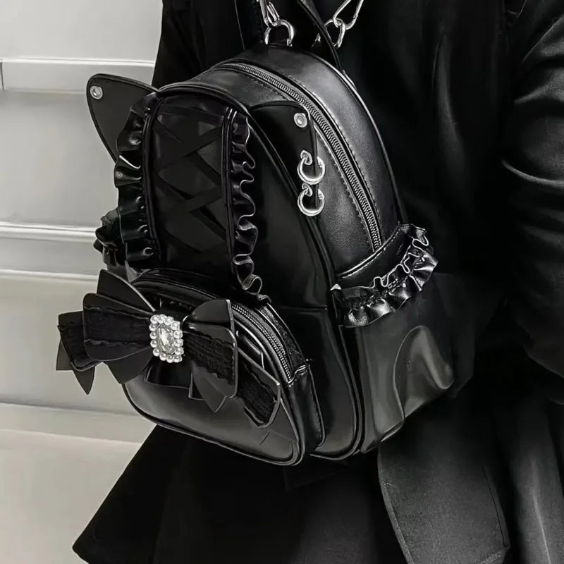 Women Backpack Korean Fashion Y2k Punk Backpack Lace Bow Cat Ear Lotus Lace Decoration Lolita Backbag PU Leather Large Capacity