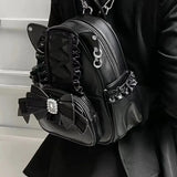 Women Backpack Korean Fashion Y2k Punk Backpack Lace Bow Cat Ear Lotus Lace Decoration Lolita Backbag PU Leather Large Capacity