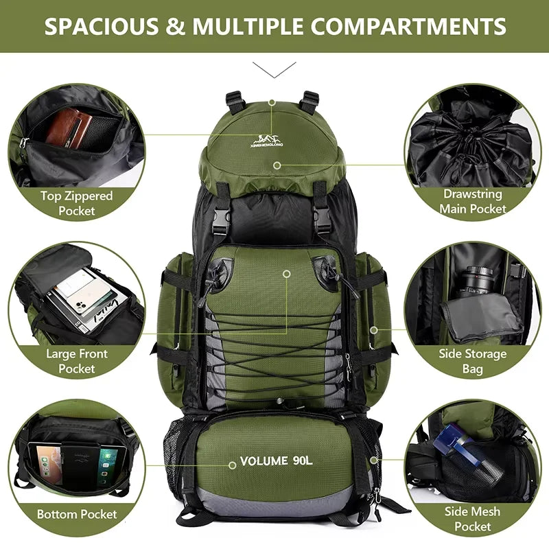90 liters waterproof hiking camping mountaineering backpack, large capacity outdoor travel bag, backpacking sports equipment