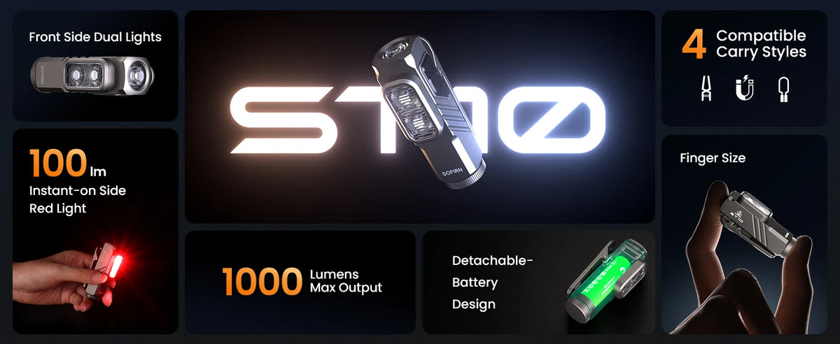 SOFIRN ST10 1000LM EDC Flashlight USB C 14500 Rechargeable with Red Light 660NM Magnetic Tail & Clip Dual Switch Torch