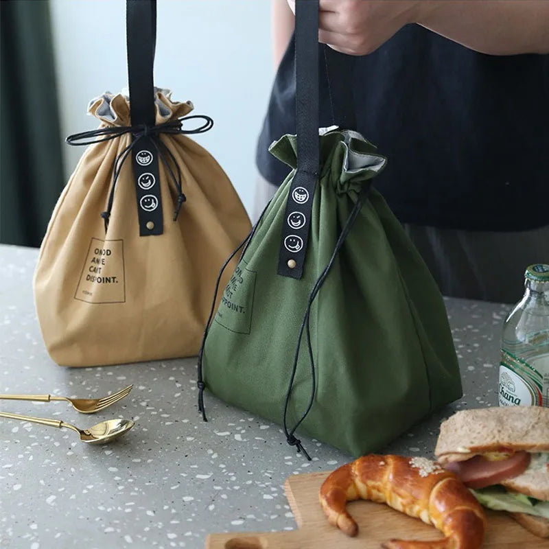 Canvas Folding Lunch Bag Portable Insulated Drawstring Closure Bento Cooler Tote For Work School Picnic Camping