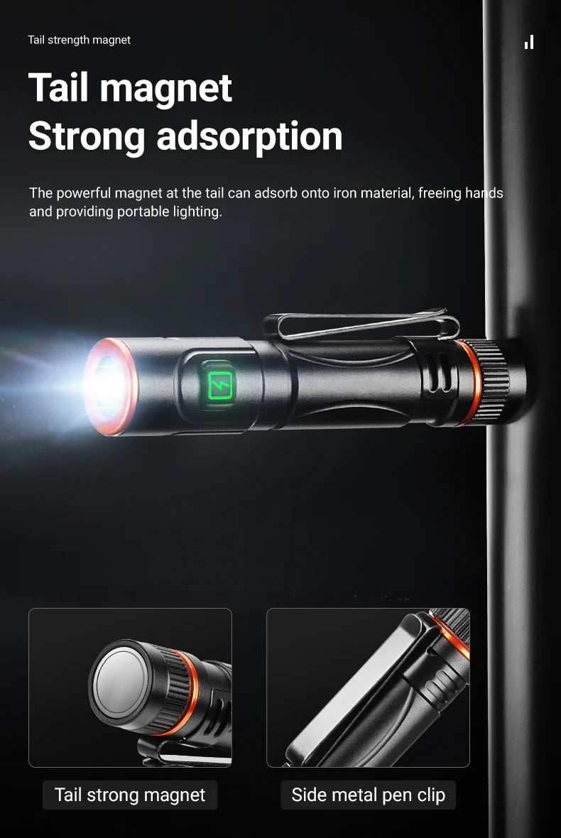 EDC Mini High Bright Pen Flashlight USB Rechargeable Magnet Small Pocket Torch Outdoor Camping Hiking Emergency Lighting Light