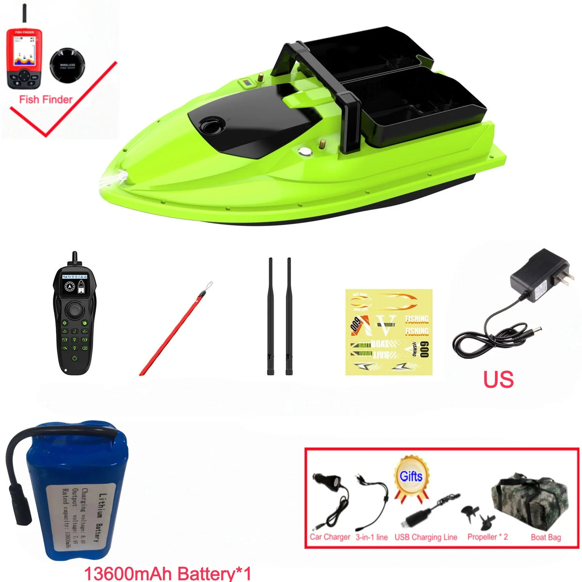 Sonar Bait Boat with Color Fish Finder Screen & Dual Hopper