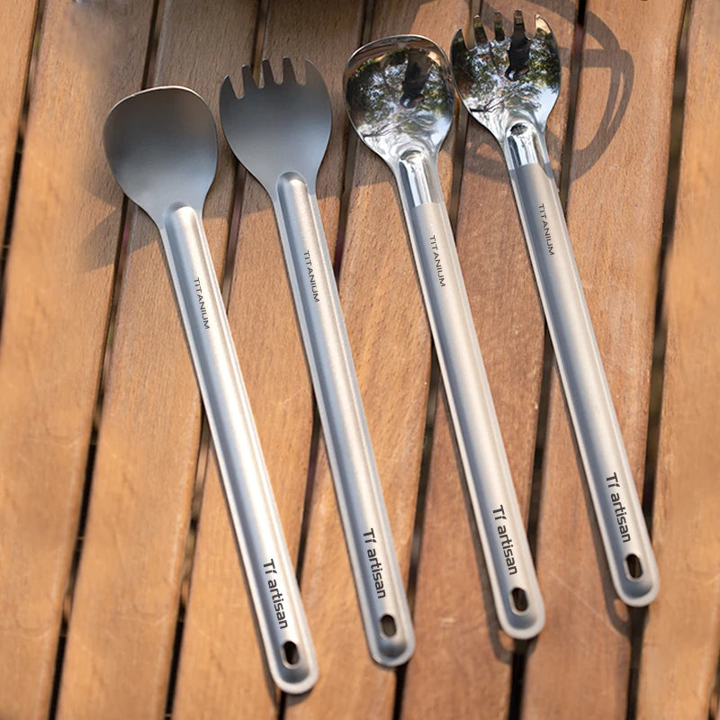 Tiartisan Pure Titanium Cutlery Ultralight Long Handle Spoon Spork Outdoor Camping Portable 2pcs Tableware Set With Storage Bag