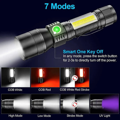 UV Light & Strong Light Flashlight USB Rechargeable Camping Lantern Pets Urine Stains Black Light Led Ultraviolet Torch Lamp