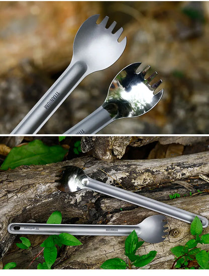 Tiartisan Pure Titanium Cutlery Ultralight Long Handle Spoon Spork Outdoor Camping Portable 2pcs Tableware Set With Storage Bag