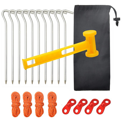 10 Pack Tent Pegs, Ropes and Hammer Set with Storage Bag, Heavy-Duty Aluminum Tent Stakes Floor Nails for Tent, Tarp, Canopy