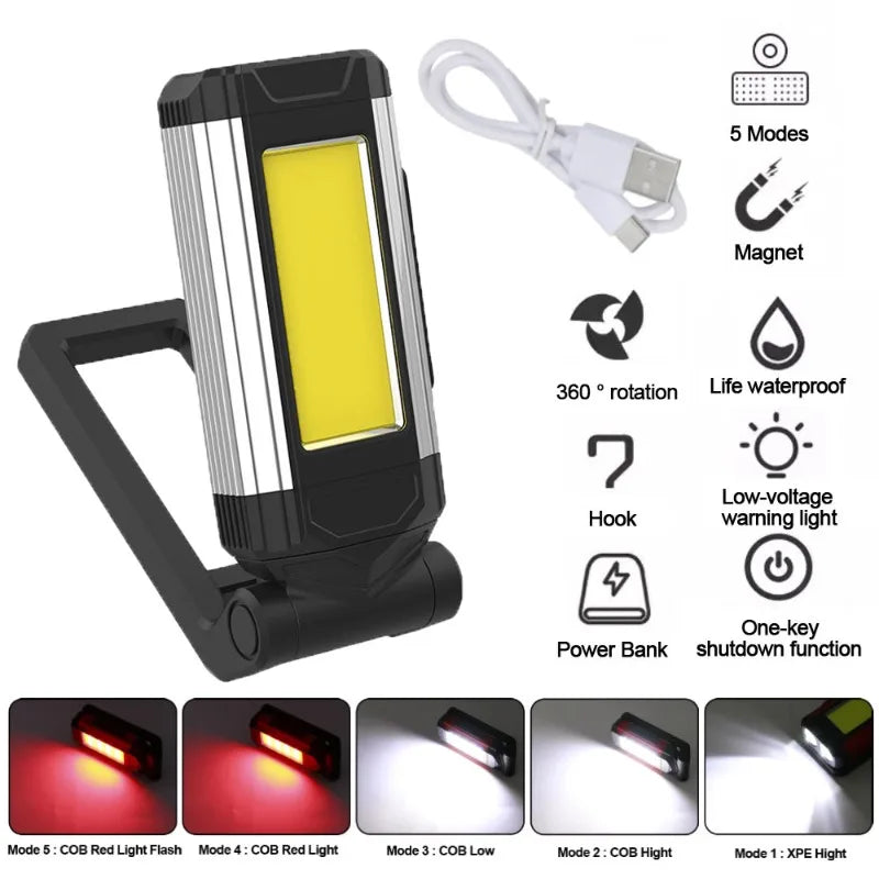 2026 New Magnetic COB Work Light USB Rechargeable LED Flashlight Portable Lantern Camping Light Type-C Power Bank Function Lamps