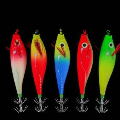 BRAVMACK 5pcs Luminous Horizontal Squid Jig Glow Squid Jigs Saltwater Squid Shrimp Lure Jig Squid Jig Fishing Lure Tackle