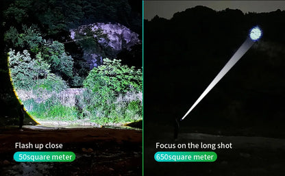 Bright Spotlight Long Range LED Flashlight Type-C Charging Strong Light Lamp Tactical Torch Waterproof Zoom Outdoor Lantern