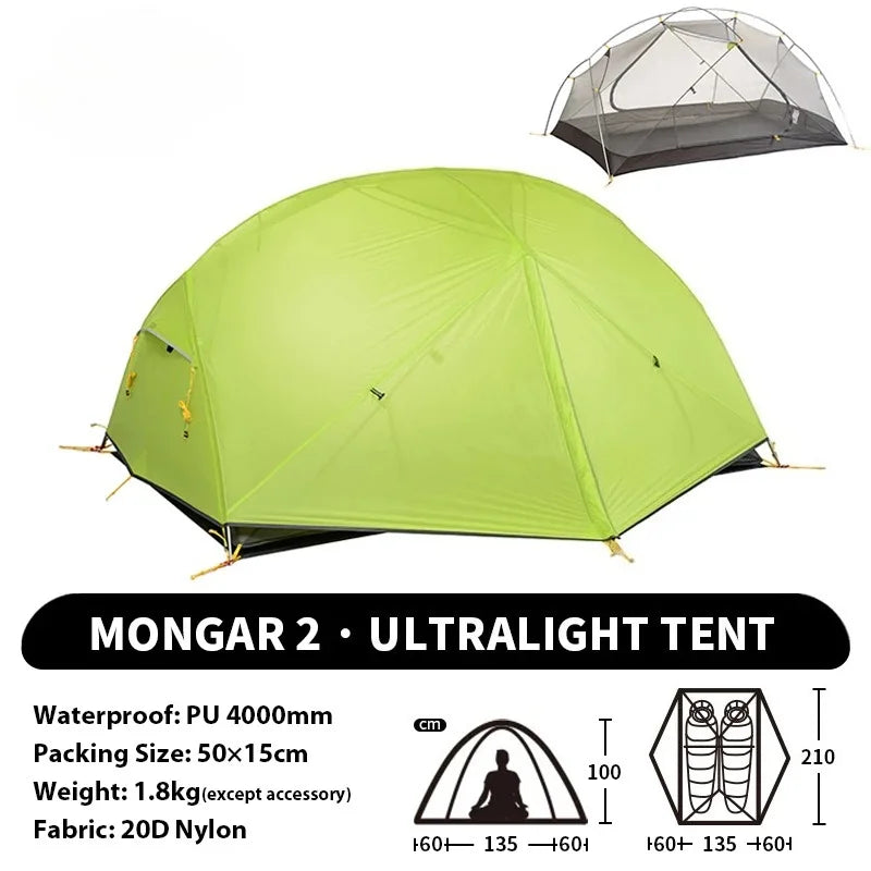 2 - Person Ultralight Backpacking Tent: Mongar UL 2 with 20D Waterproof Fabric,Ideal for Hiking, Survival,and Camping Adventures