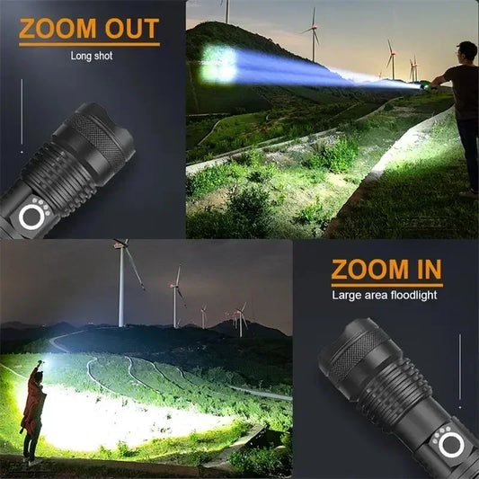 Rechargeable Led High Power Tactical Flashlight Aluminum Alloy Telescopic ZoomTorch Lamp for Outdoor Night Camping Fishing