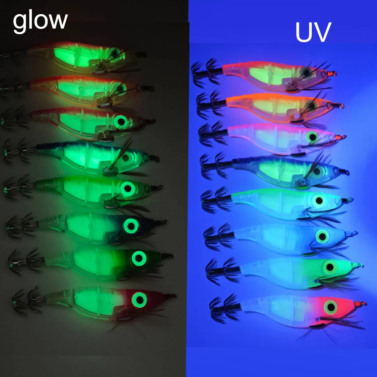 8pcs/set Luminous Squid Jigs 10cm Horizontal Egi Set Wood Shrimp Lures Octopus Cuttlefish Fishing Bait Glow Saltwater Tackle Kit