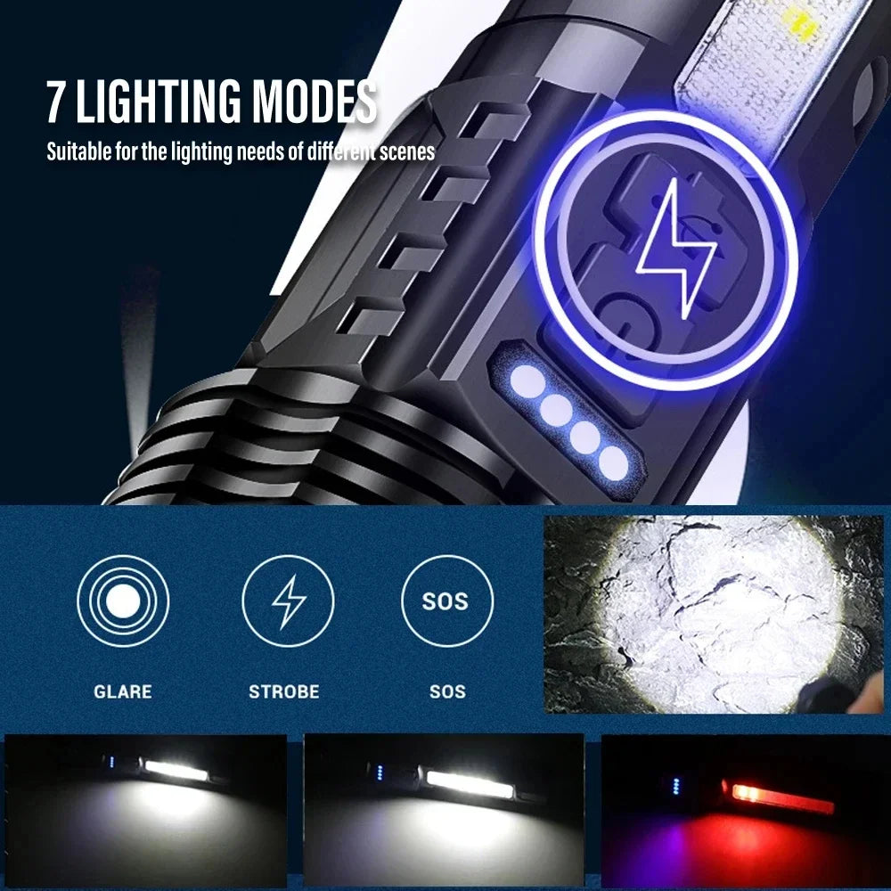 LED Flashlight Rechargeable Torch High Power Strong Light Flashlight Long Range Tactical Zoom Lamp Outdoor Camping Lantern
