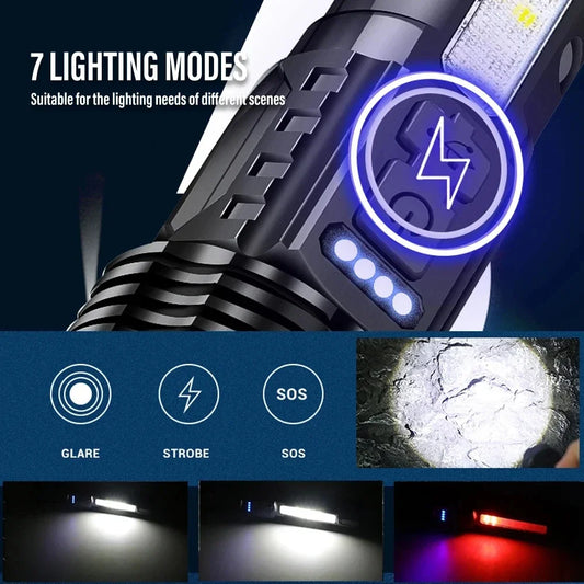 LED Flashlight Rechargeable Torch High Power Strong Light Flashlight Long Range Tactical Zoom Lamp Outdoor Camping Lantern