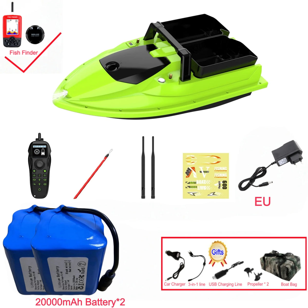 Sonar Bait Boat with Color Fish Finder Screen & Dual Hopper