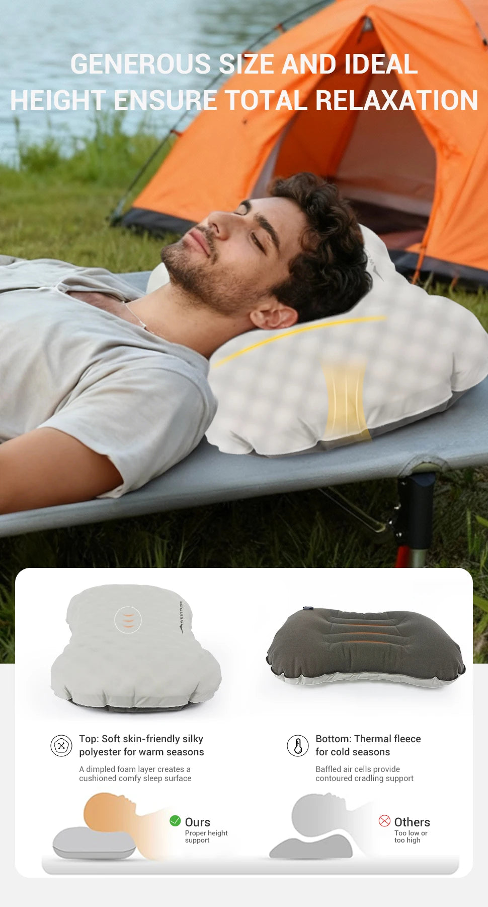 WESTTUNE Camping Inflatable Pillow Portable Compressible Folding Ice Sillky Pillow Outdoor Travel Pillow for Neck Lumbar Support