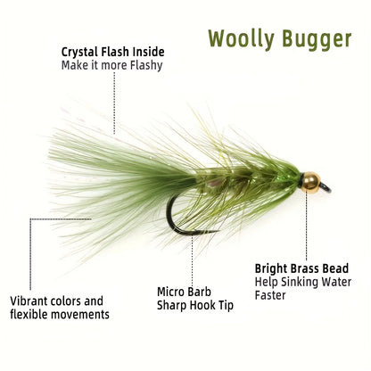 ICERIO Brass Beadhead Woolly Bugger Streamers (12 Pack)