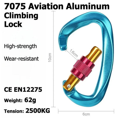 Outdoor Professional Rock Climbing Accessories Aluminum Carabiner 25kN Lock D-Shape Safety Buckle For Keys Tools Equipment