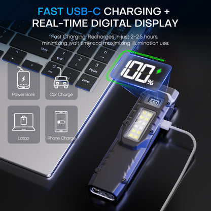 Rechargeable 1500 Lumen Flat Flashlights EDC Tactical Flashlight,Dual-Switches LED Small Flashlight with Digital Display,Stainle