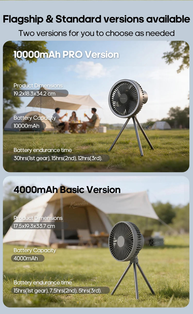 10000mAh 4000mAh Camping Fan Rechargeable Desktop Portable Circulator Wireless Ceiling Electric Fan with Power Bank LED Lighting